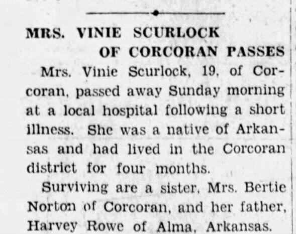 Vinie Scurlock Died 16 Jan 1938 (Wife of William Austin Scurlock)
